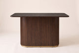 Brugnato counter height table in walnut, front view: a two-piece top with a centre seam on one fluted pedestal with a gold ri