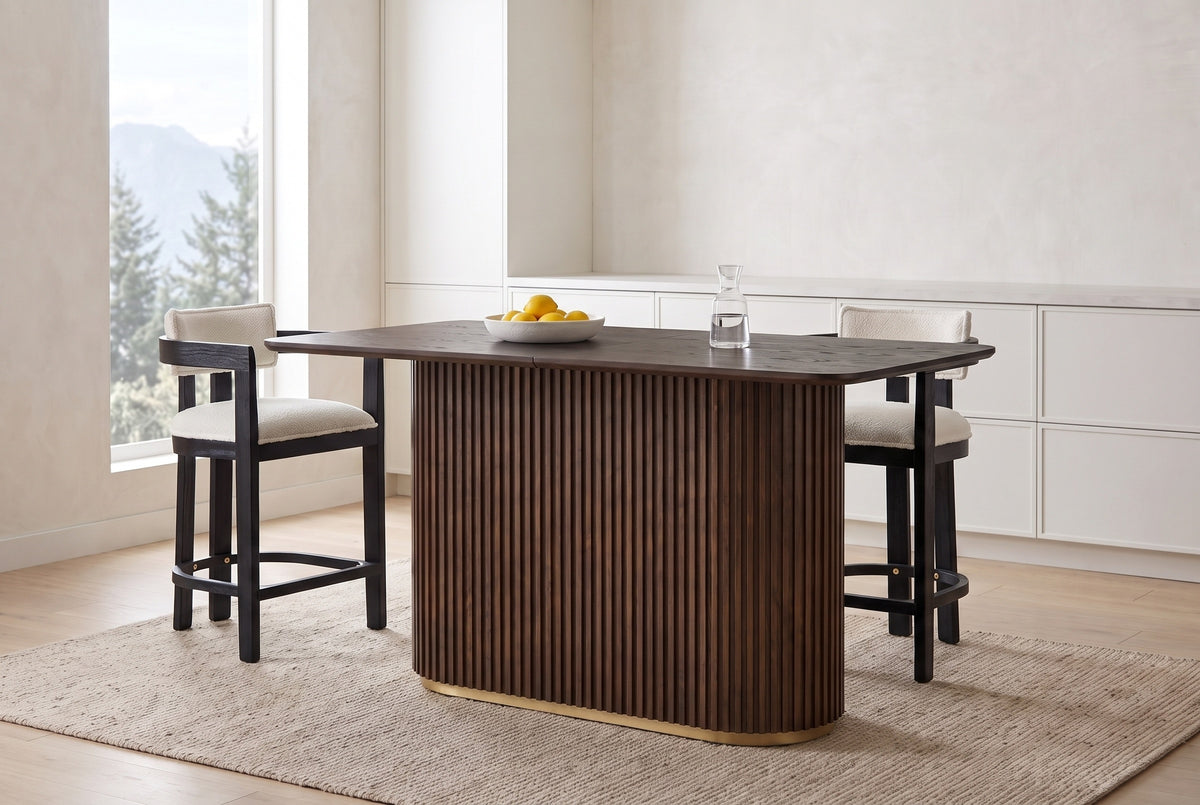 Brugnato counter table in walnut in a bright Vancouver kitchen with two black counter stools