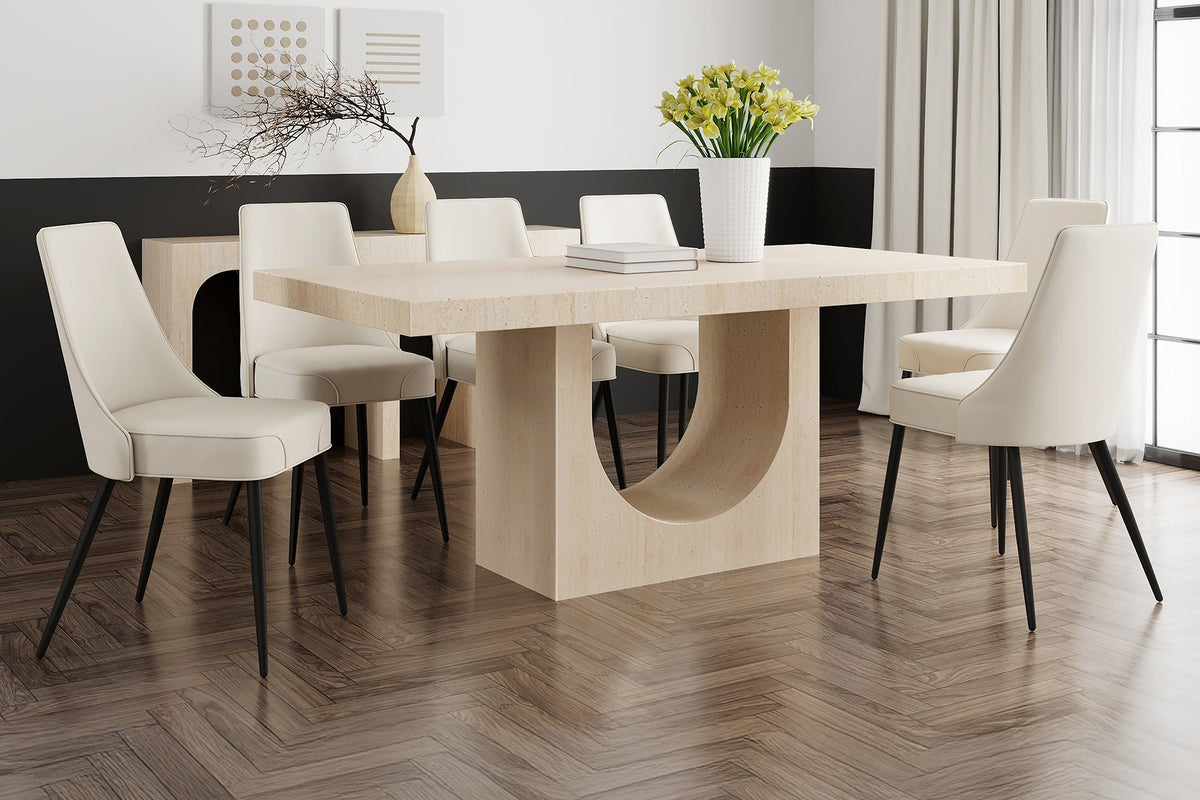 Bryce 7-piece dining set with travertine-look concrete table and six beige faux leather chairs