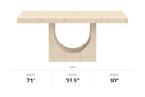 Bryce dining table front view showing the arched pedestal base, with dimensions