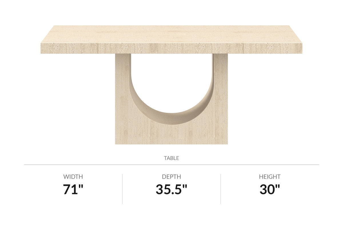 Bryce dining table front view showing the arched pedestal base, with dimensions
