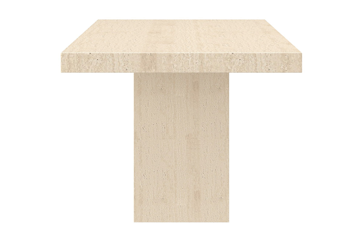 Bryce travertine-look dining table, end view of the pedestal base