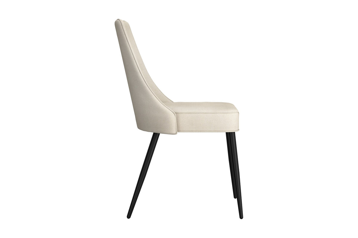 Bryce dining chair, side view showing the curved high back