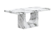 Bryce concrete composite dining table in white marble-look finish, three-quarter view