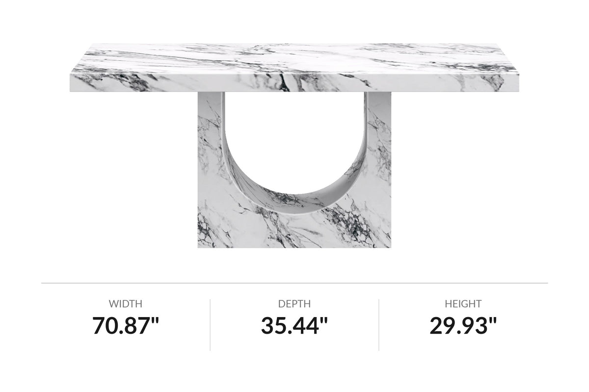 Bryce concrete composite dining table, front view with dimensions