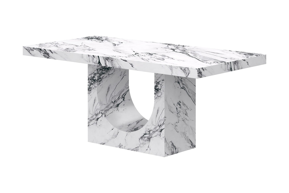 Bryce dining table, three-quarter view showing the half-moon arch in the base