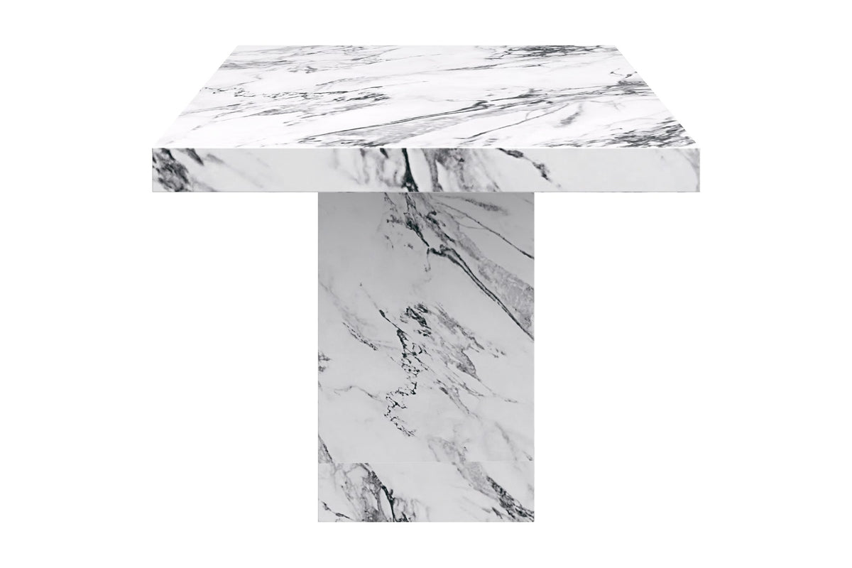 Bryce dining table, end view of the pedestal base and slab-style top