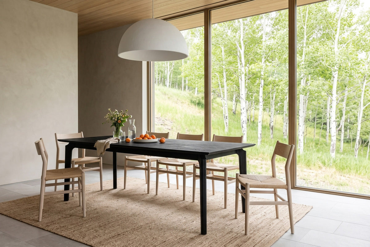 Calascio dining table in Black seen from above in a Kananaskis aspen house, with a plaster dome pendant