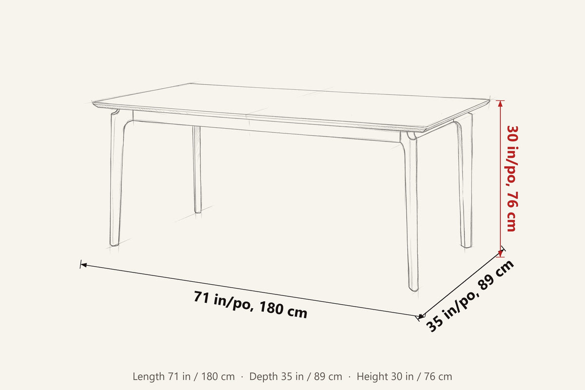 Calascio dimensions on a pencil sketch of the table: 71 in long, 35 in deep, 30 in high
