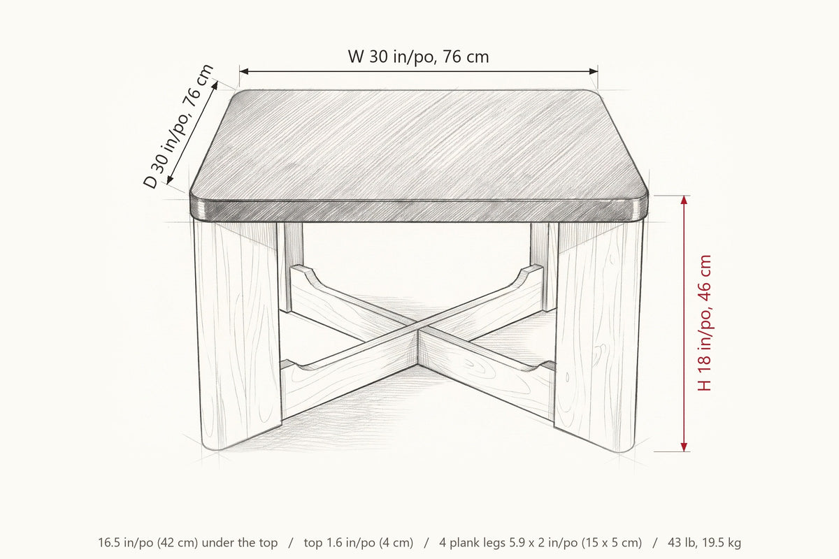 Calcata coffee table dimensions: 30 in wide, 30 in deep, 18 in high, 16.5 in under the top