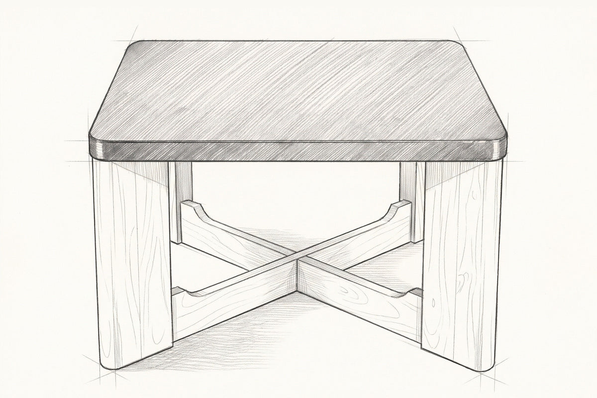 Pencil sketch of the Calcata coffee table, front view from a little above