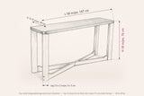 Calcata console dimensions: 58 in long, 15.75 in deep, 30 in high, legs 3.5 x 2 in