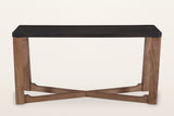 Calcata console table from the front: a long mocha top on four walnut plank legs and a low X stretcher