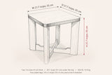 Calcata dimensions on a pencil sketch of the side table: 21.7 in wide, 21.7 in deep, 21.7 in high, 20.1 in under the top
