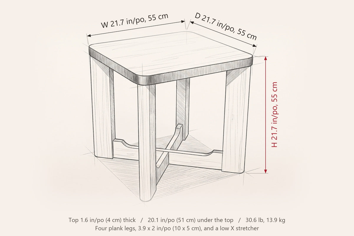 Calcata dimensions on a pencil sketch of the side table: 21.7 in wide, 21.7 in deep, 21.7 in high, 20.1 in under the top