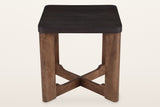 Calcata side table seen from the front: a mocha top on four plank legs and a low X stretcher