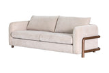 Calista fabric sofa in Sand with a rounded rubberwood arm frame, three-quarter view