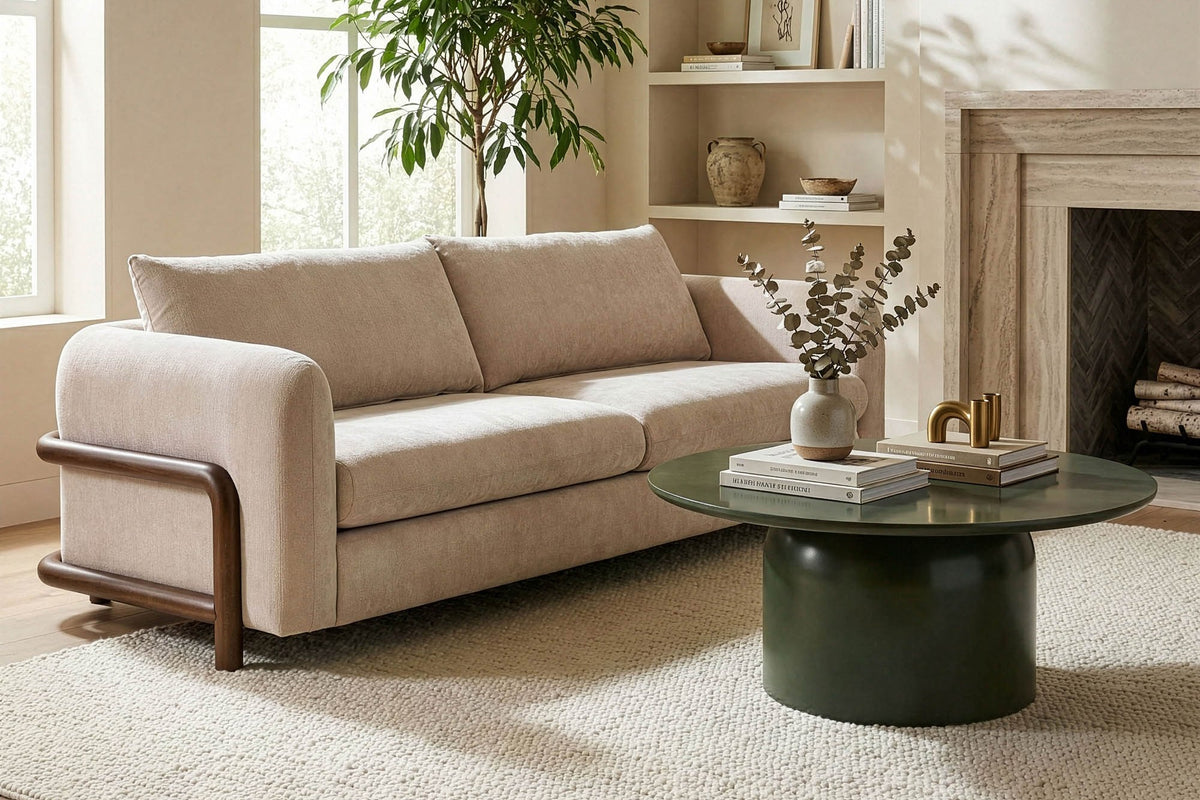 Calista Sand fabric sofa beside a fireplace and built-in shelves