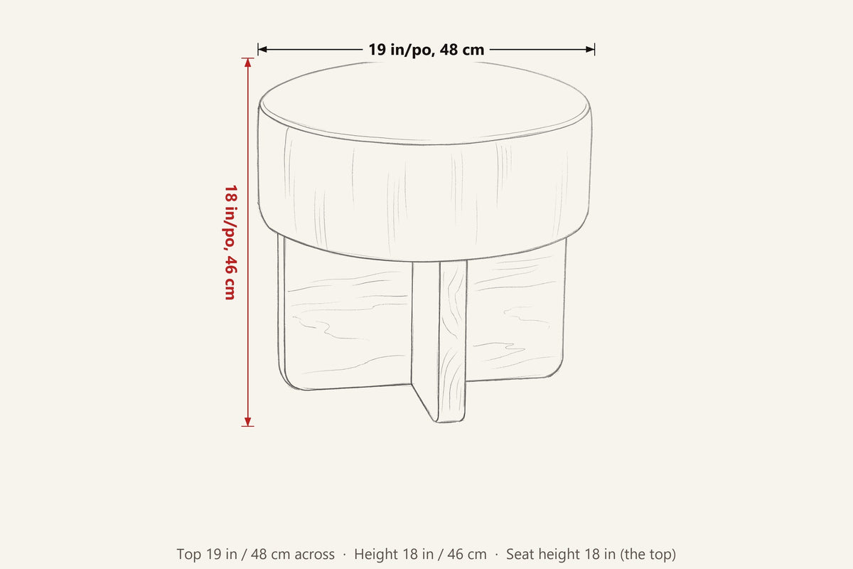 Caltagirone dimensions on a pencil sketch of the stool: 19 in across the top, 18 in high