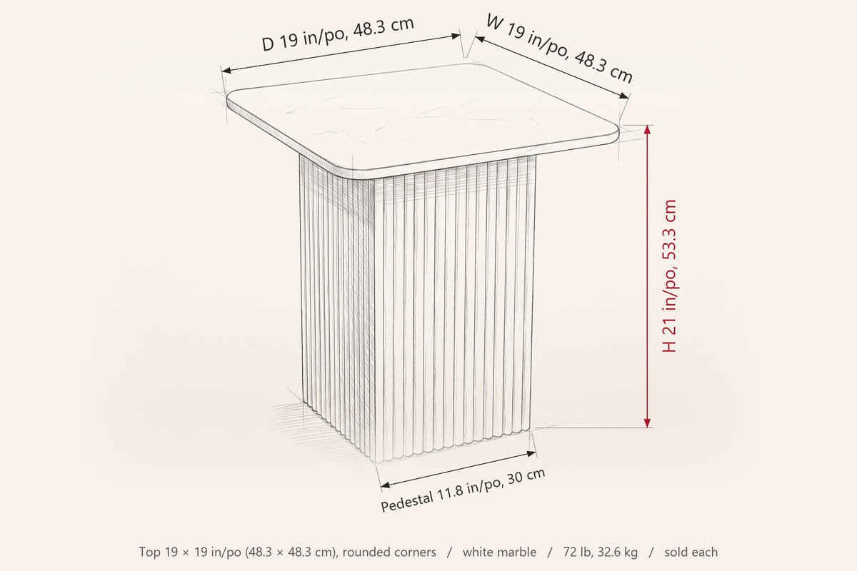 Camerota dimensions on a pencil sketch of the side table: 19 in wide, 19 in deep, 21 in high, pedestal 11.8 in