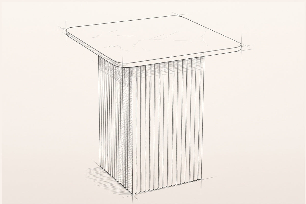 Pencil sketch of the Camerota side table, three-quarter view from above