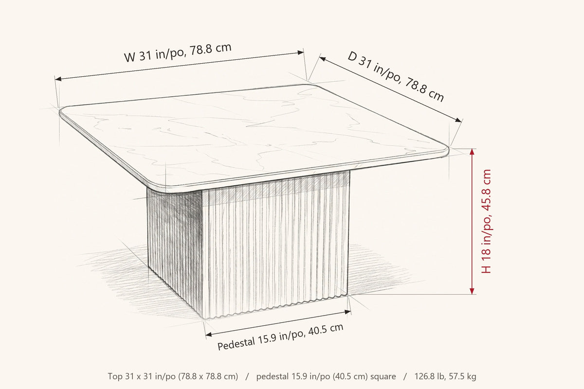 Campiglia dimensions on a pencil sketch of the coffee table: 31 in wide, 31 in deep, 18 in high, pedestal 15.9 in