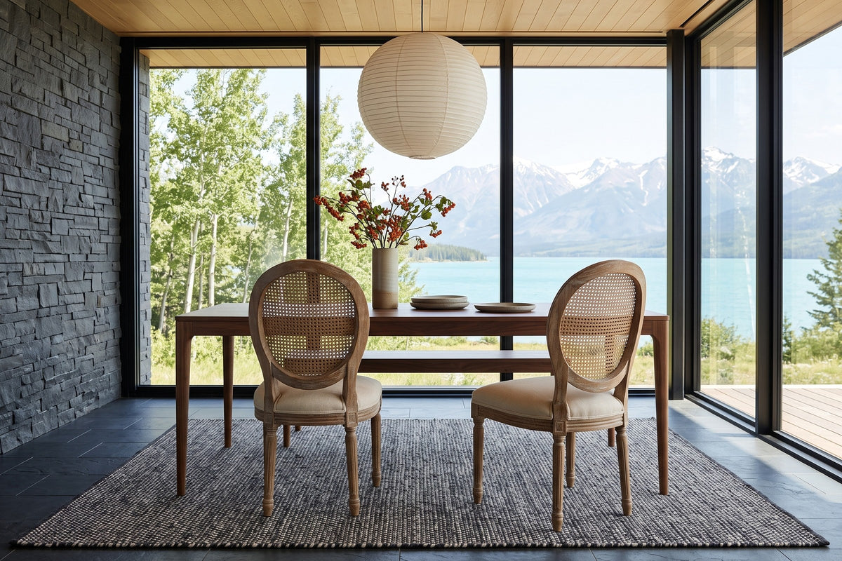 Two Candelo dining chairs seen from behind at a walnut table in an Atlin Lake house