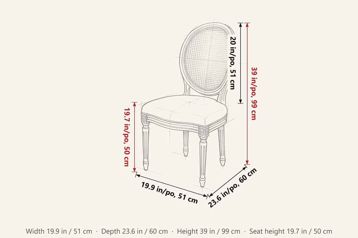 Candelo dimensions on a pencil sketch of the chair: 39 in high, 23.6 in deep, 19.9 in wide, seat height 19.7 in, back 20 in