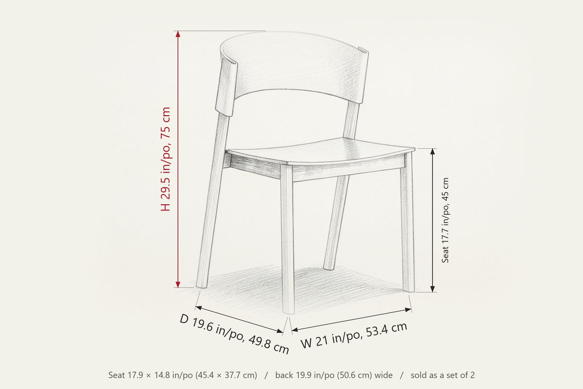 Canelli dimensions on a pencil sketch of the chair: 29.5 in high, 19.6 in deep, 21 in wide, seat height 17.7 in