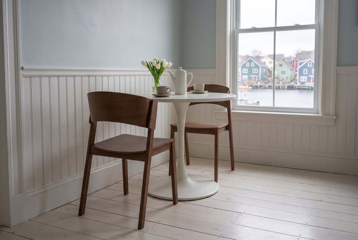 Two Canelli dining chairs in walnut at a small round white table in a Halifax dining nook