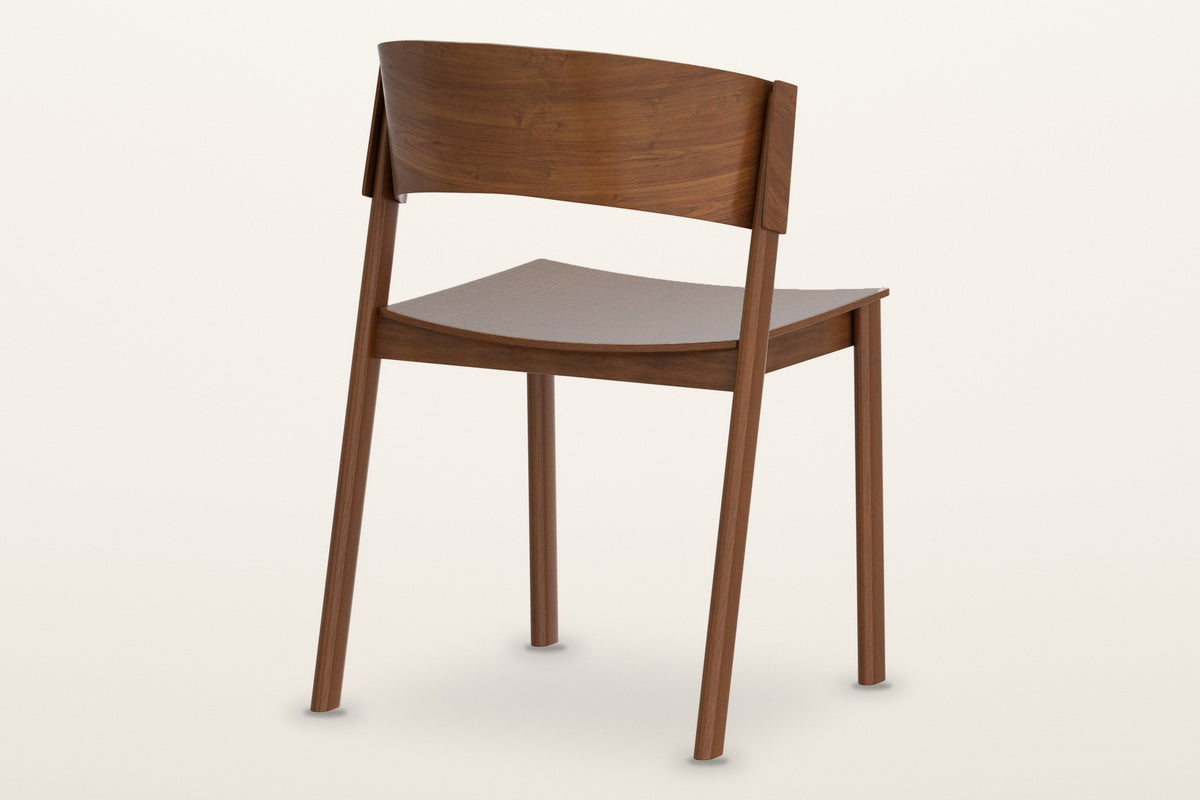 Canelli dining chair in walnut from behind: the curved back band, the two back posts and the seat rail