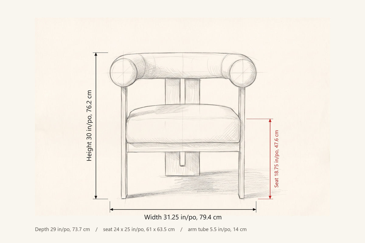 Caorle dimensions: 31.25 in wide, 30 in high, seat 18.75 in high, 29 in deep, seat 24 x 25 in, arm tube 5.5 in