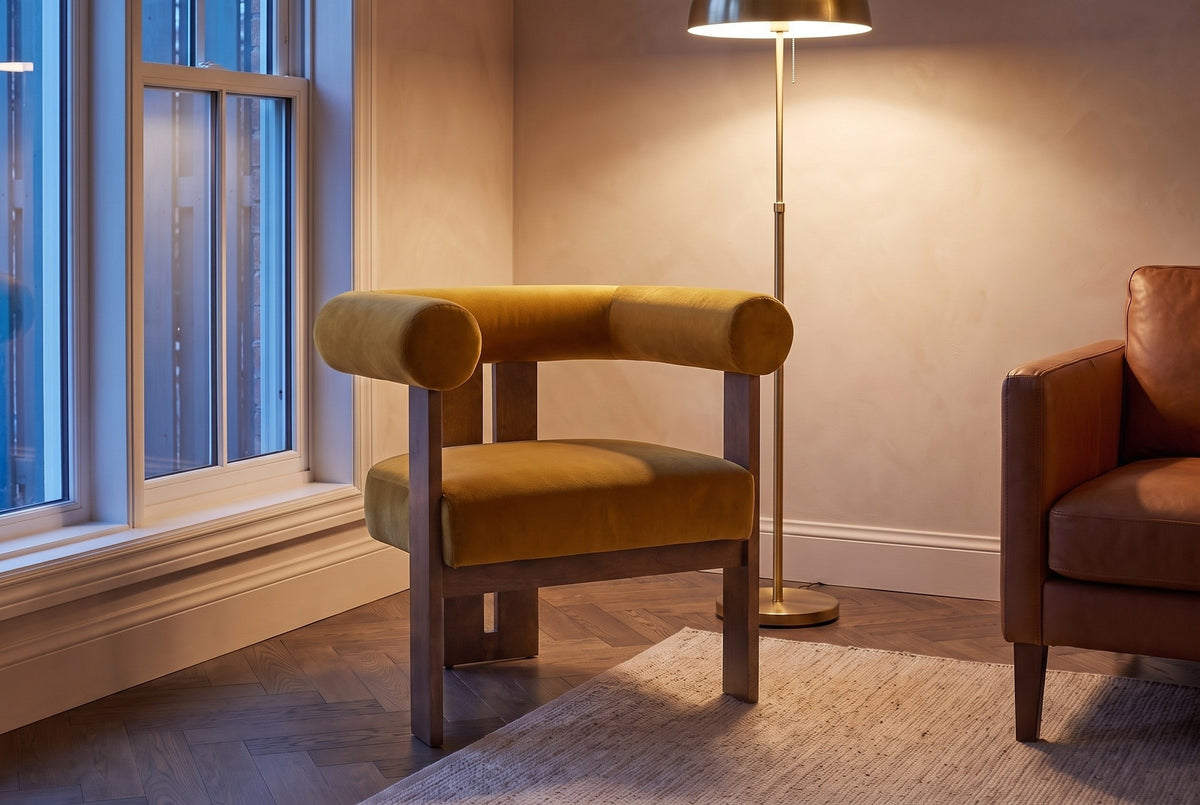 Caorle chair in an Ottawa townhouse reading corner at dusk