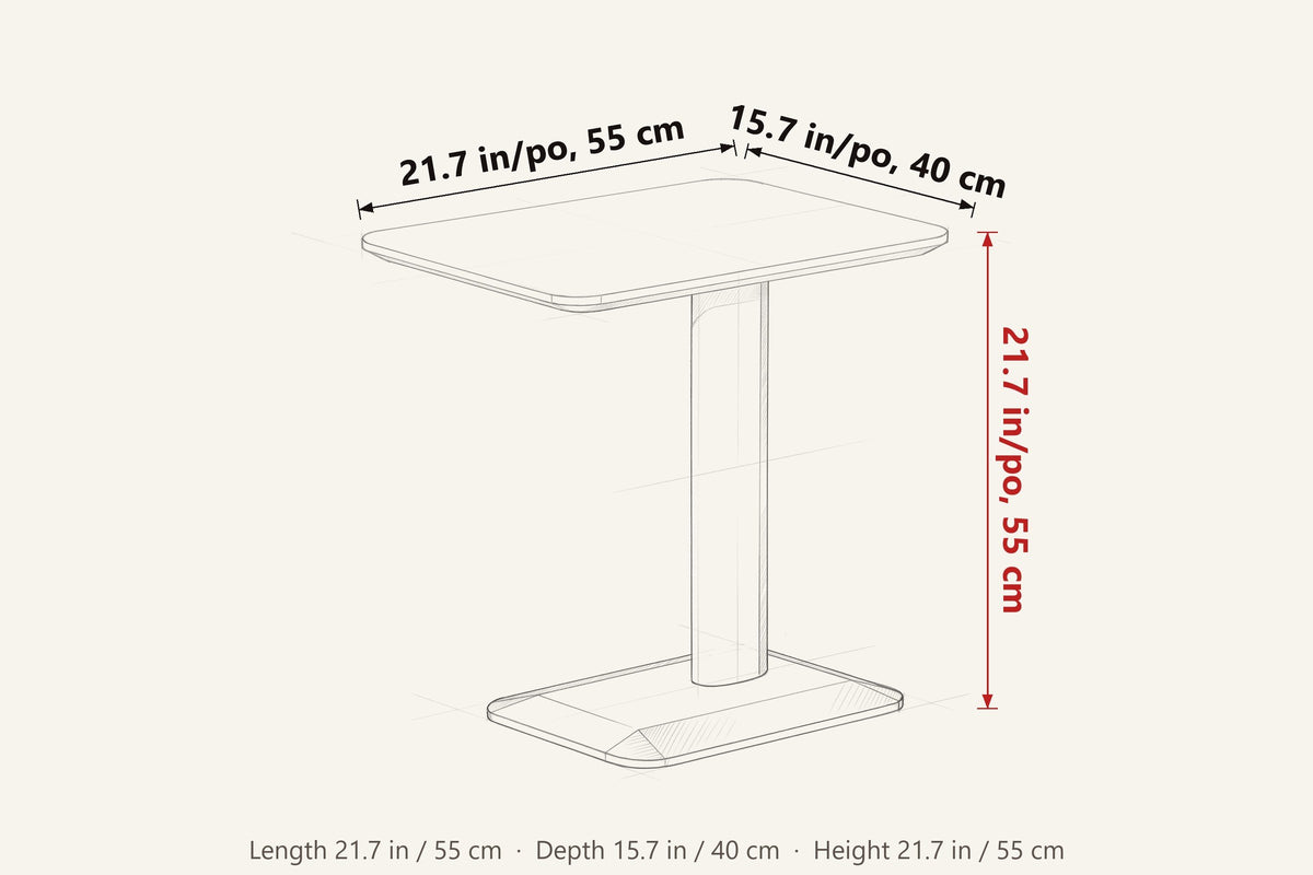 Capalbio side table dimensions on a pencil sketch: 21.7 in long, 15.7 in deep, 21.7 in high