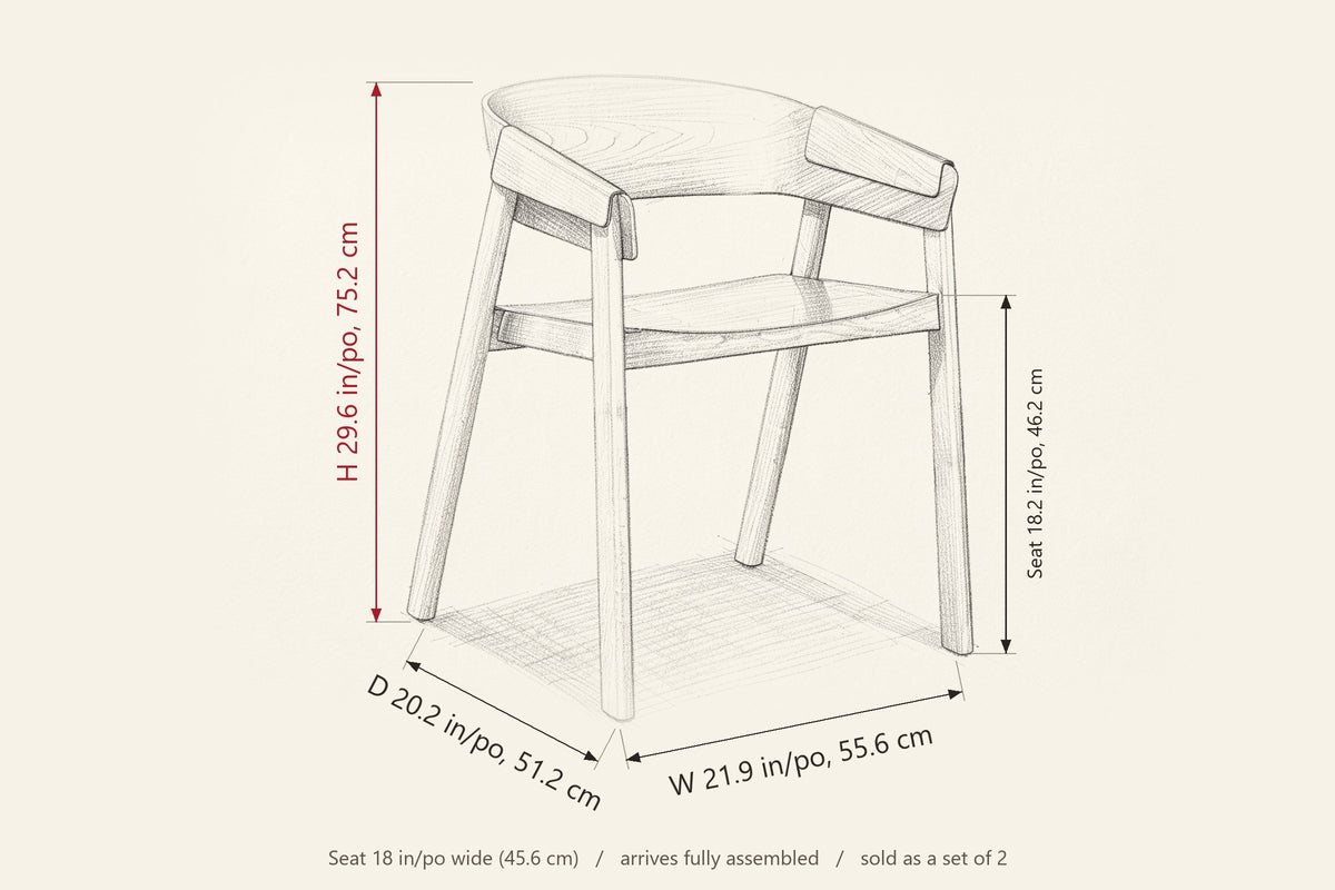 Caprarola dimensions on a pencil sketch of the chair: 29.6 in high, 20.2 in deep, 21.9 in wide, seat height 18.2 in