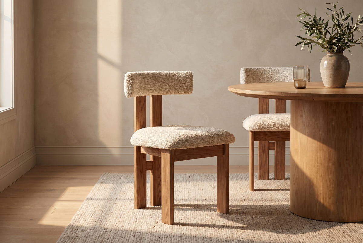 Two Carlo dining chairs in oak and ivory boucle, one on an oat wool rug and one behind a round white oak pedestal table with a stoneware vase of olive branches and a ribbed glass, against a warm plaster wall in late-afternoon window light