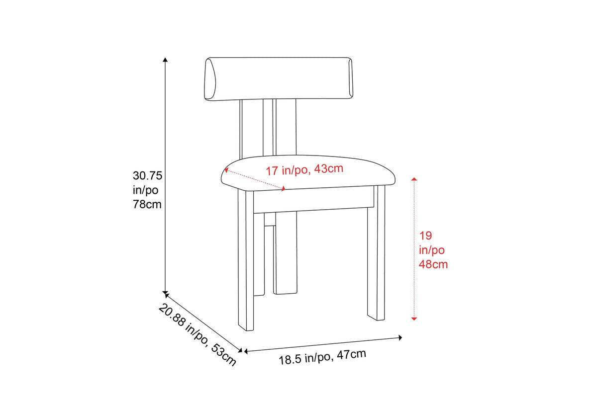Carlo velvet dining chair dimensions: 18.5 in wide, 20.88 in deep, 30.75 in high, seat 19 in high