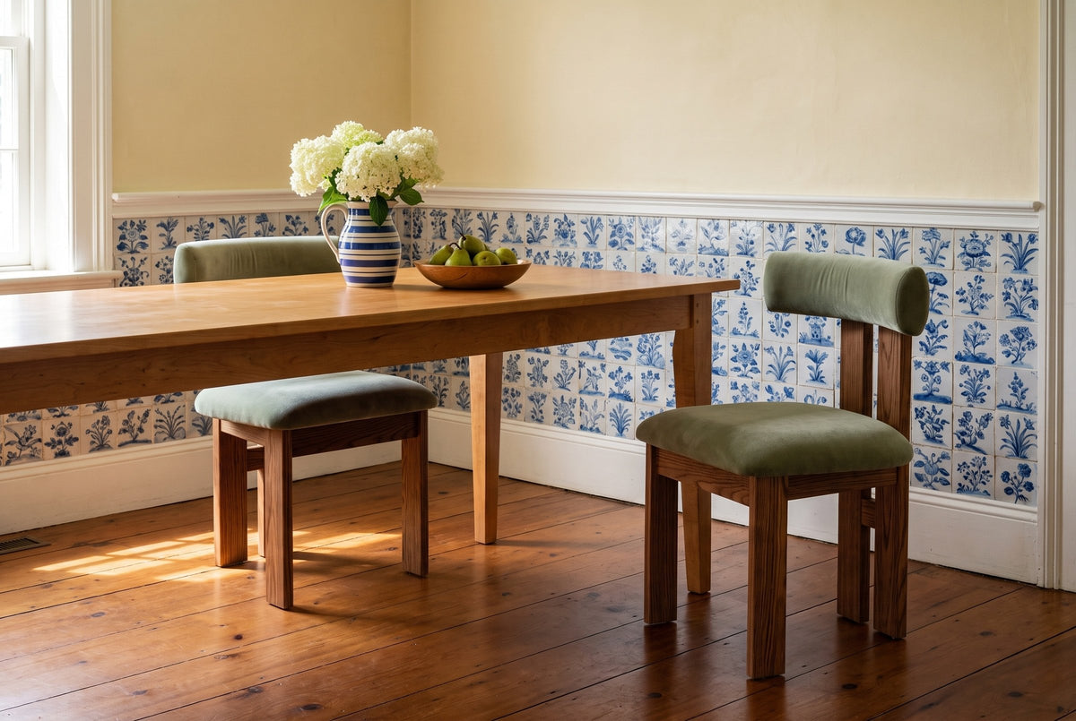 Two Carlo oak dining chairs with sage-olive velvet bolster backs and seats at a maple farmhouse table against a blue-and-white tile wainscot and pale yellow walls, with white hydrangeas in a striped pitcher and a bowl of green pears