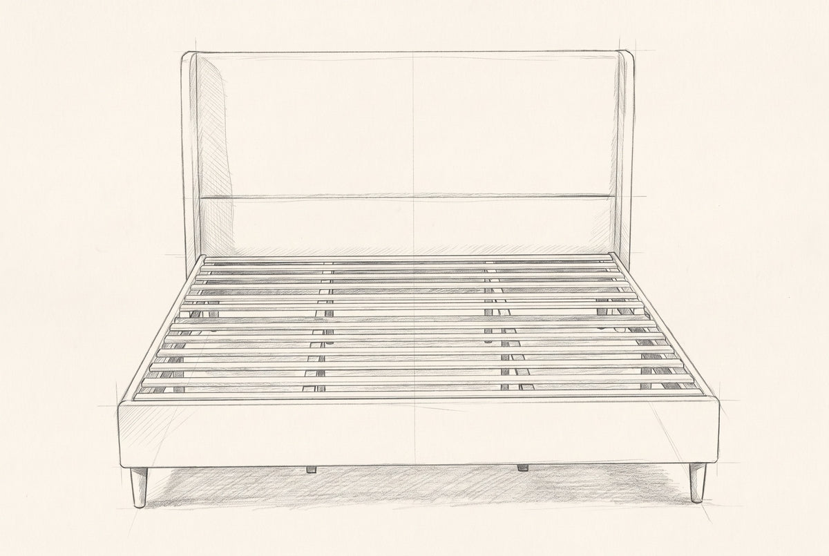 Pencil drawing of the Carrara wingback bed traced from the front view