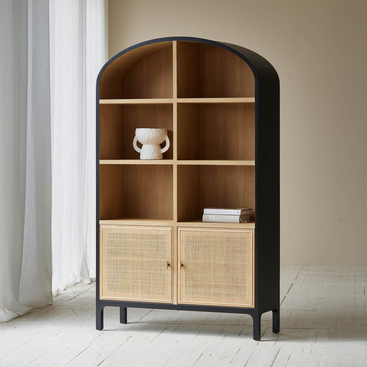 Carver Arched Tall Cabinet with Rattan Doors