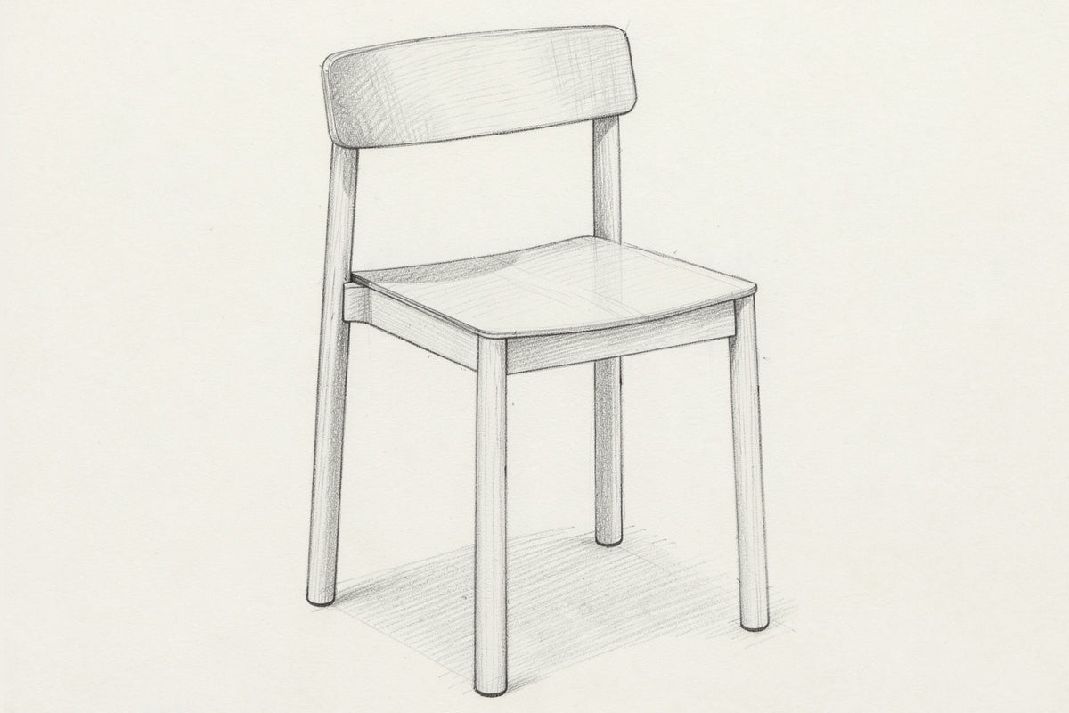 Pencil sketch of the Casole dining chair, three-quarter view from above