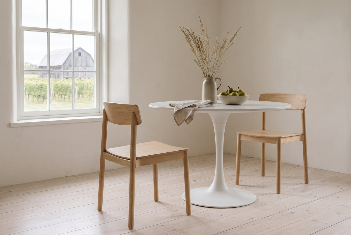 Two Casole dining chairs in natural oak at a round white pedestal table in a Prince Edward County farmhouse dining room