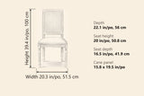 Castelfranco dining chair dimensions: 20.3 in wide, 22.1 in deep, 39.4 in high, seat 20 in high, seat depth 16.5 in