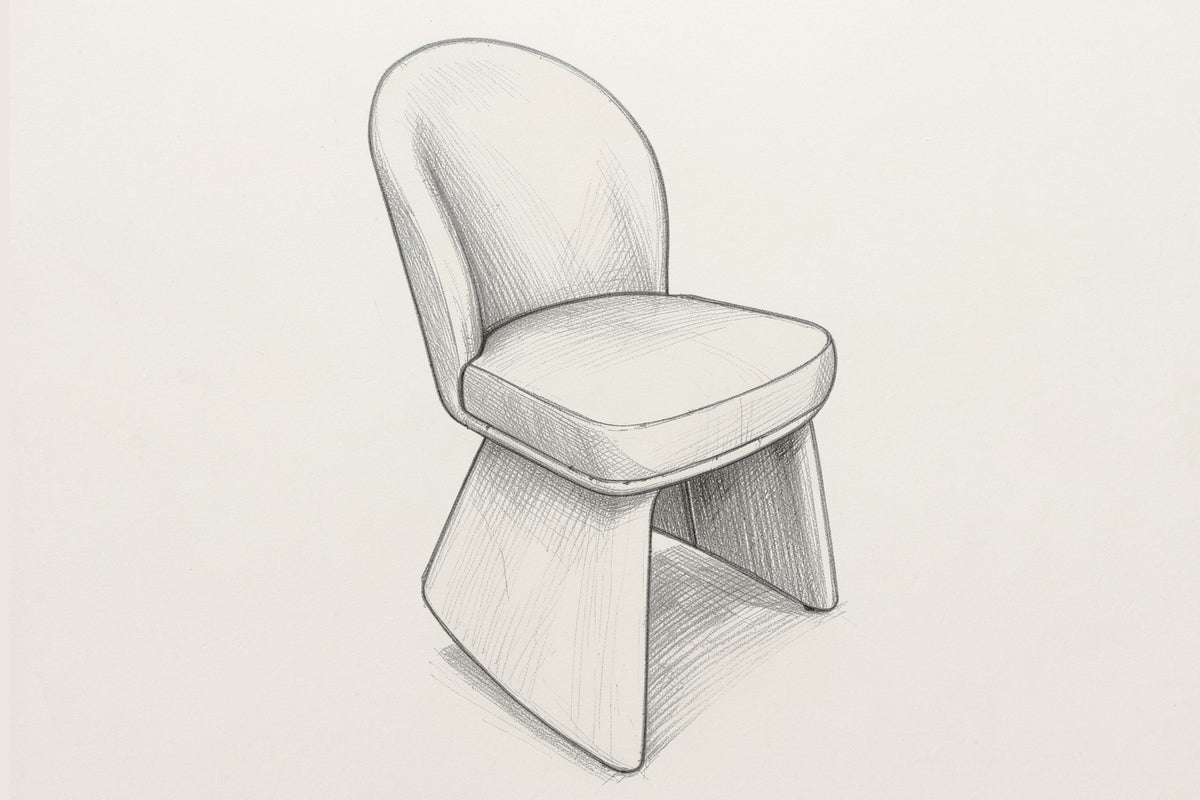 Pencil sketch of the Castellabate dining chair, three-quarter view from above