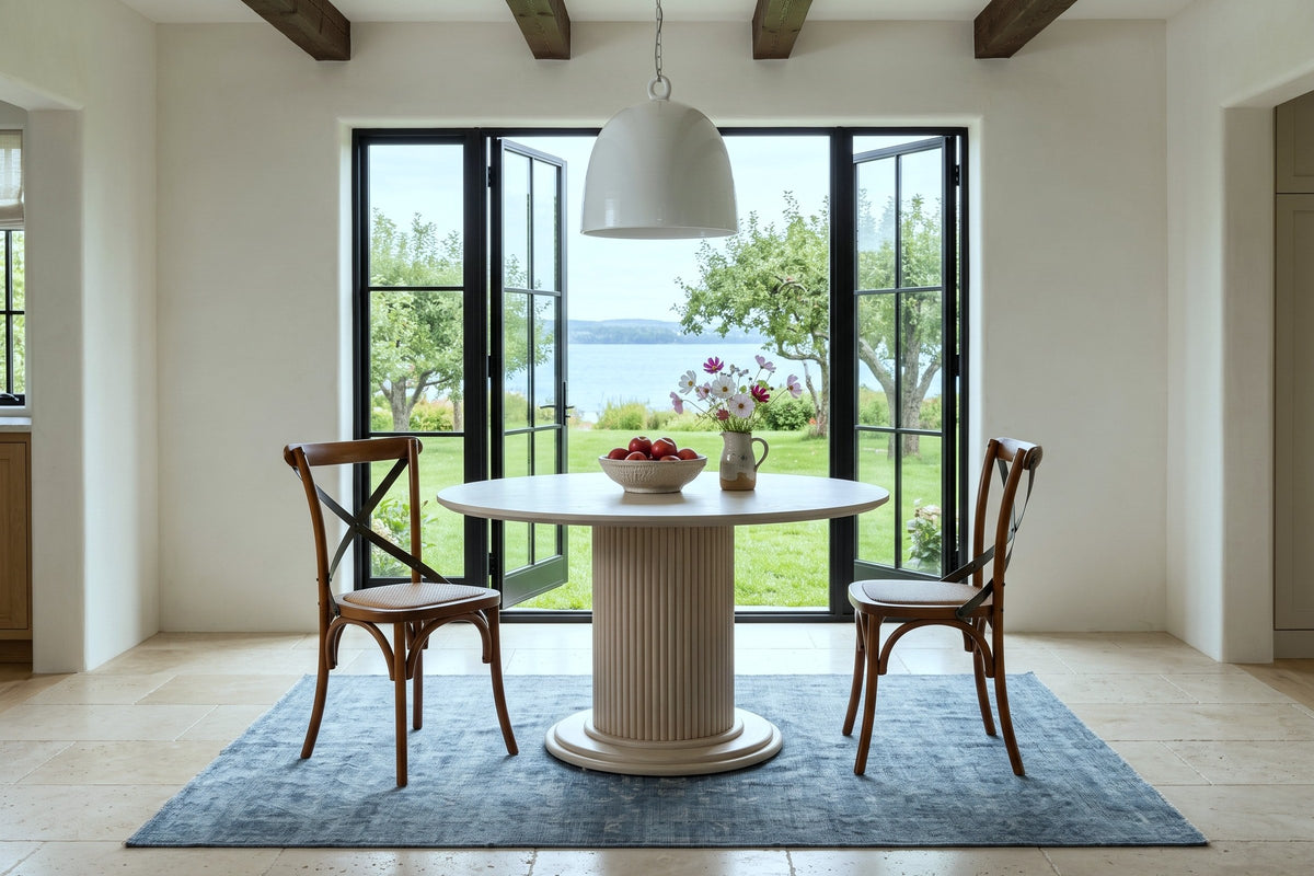 Two Castelmola dining chairs in Brown at a round fluted table in an Ile d'Orleans farmhouse, with white plaster