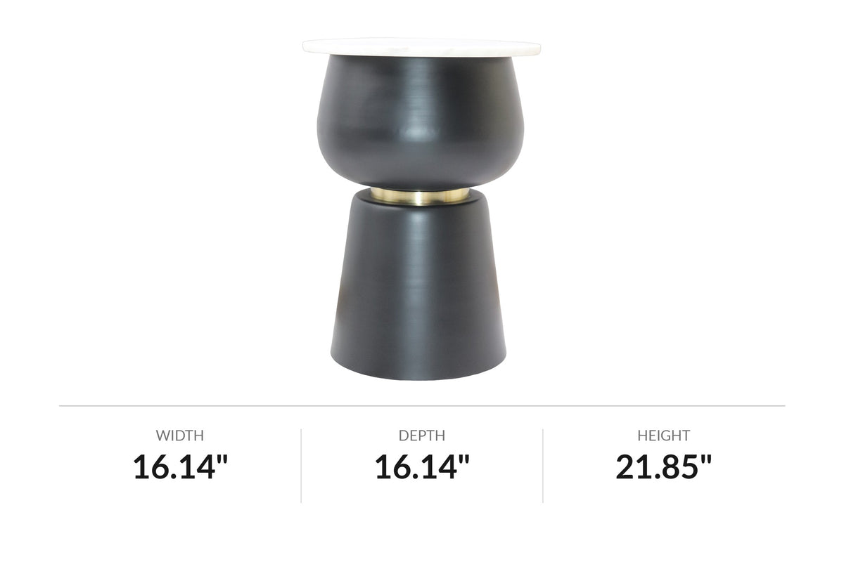 Celeste white marble side table, front view with inch dimensions