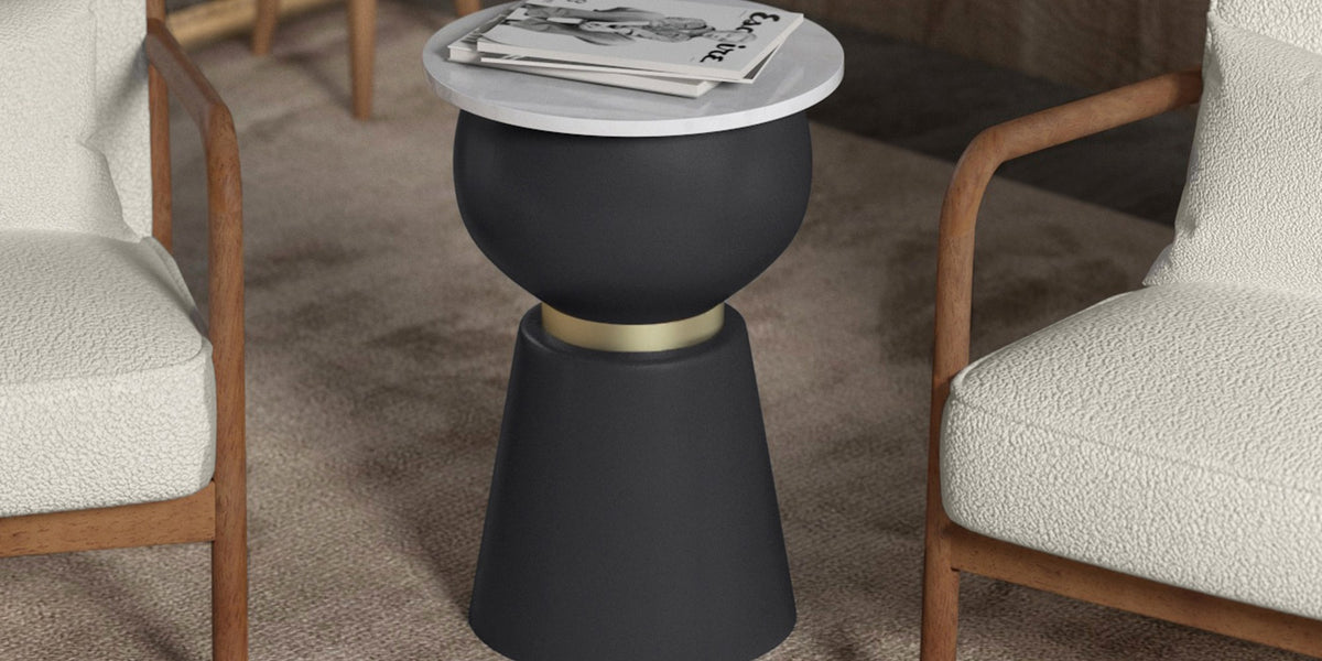 Celeste White Marble Side Table with Black Iron Base