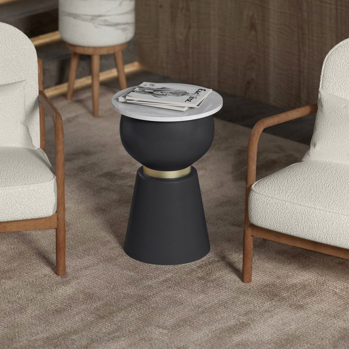 Celeste White Marble Side Table with Black Iron Base