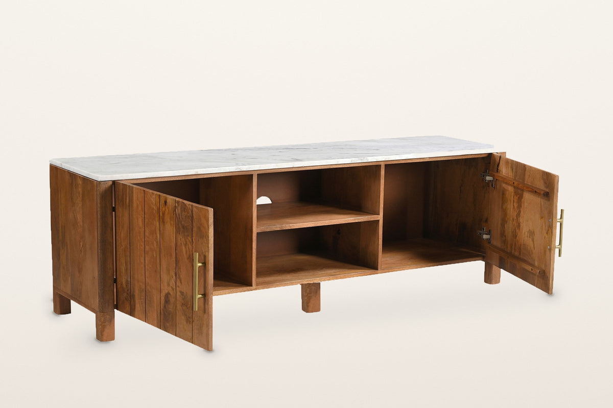 Ceresole media cabinet with both doors open: a cabinet behind each plank door, the open centre with one fixed shelf and a cable cut-out