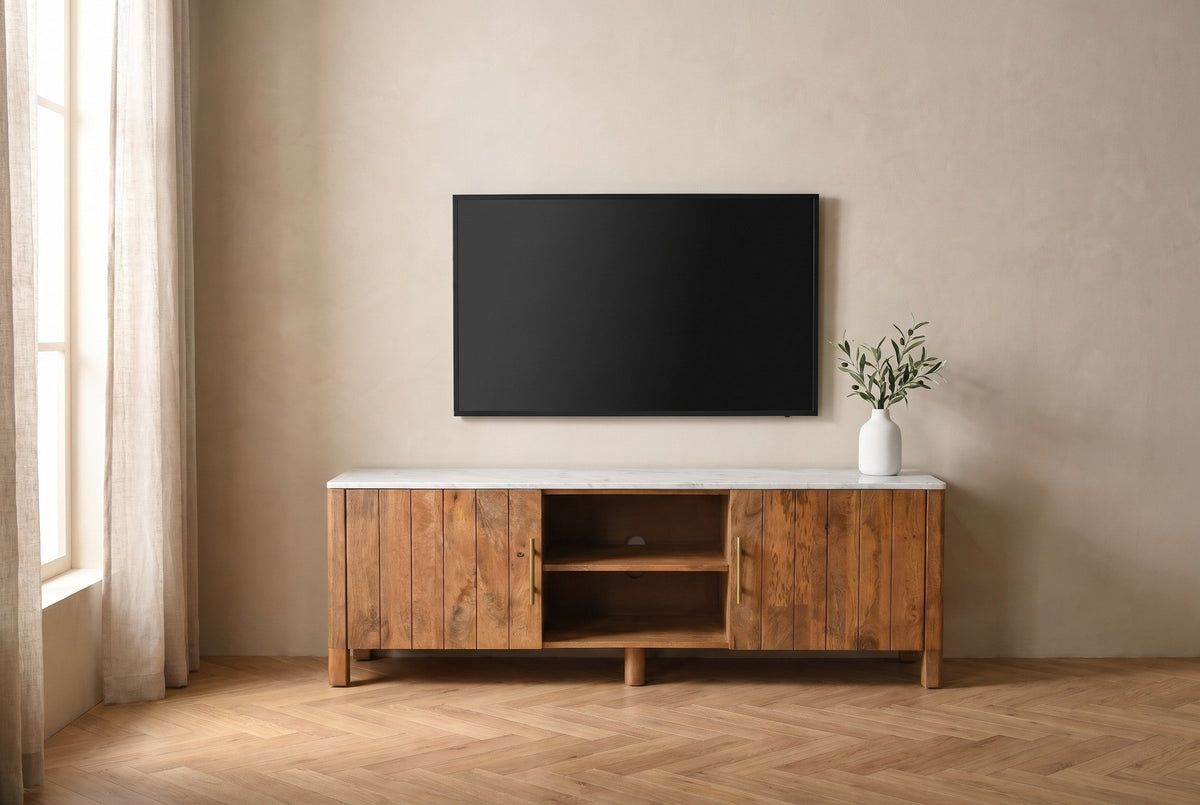 Ceresole media cabinet under a wall-mounted television that is switched off, in an Outremont, Montreal living room with oak parquet
